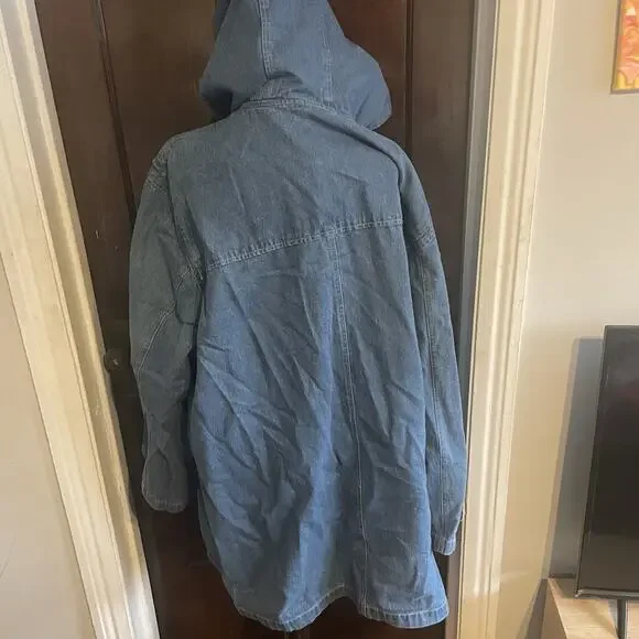 Vintage Denim & Co Duffle Chore Coat Womens 2XL Hooded 90s Long Blue Denim Togs - Picture 14 of 15